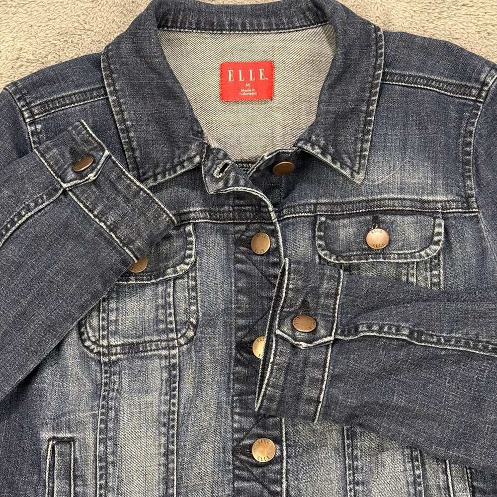 Elle Trucker Jean Jacket Women M Blue Long Sleeve Denim Distressed
